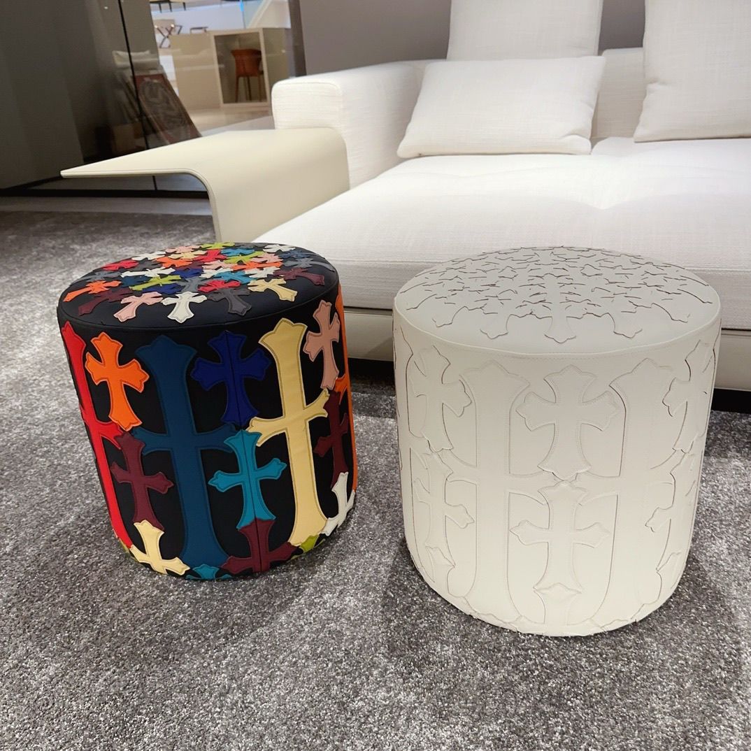 Chrome Hearts Pattern Colorful Round Stool Leather Seat