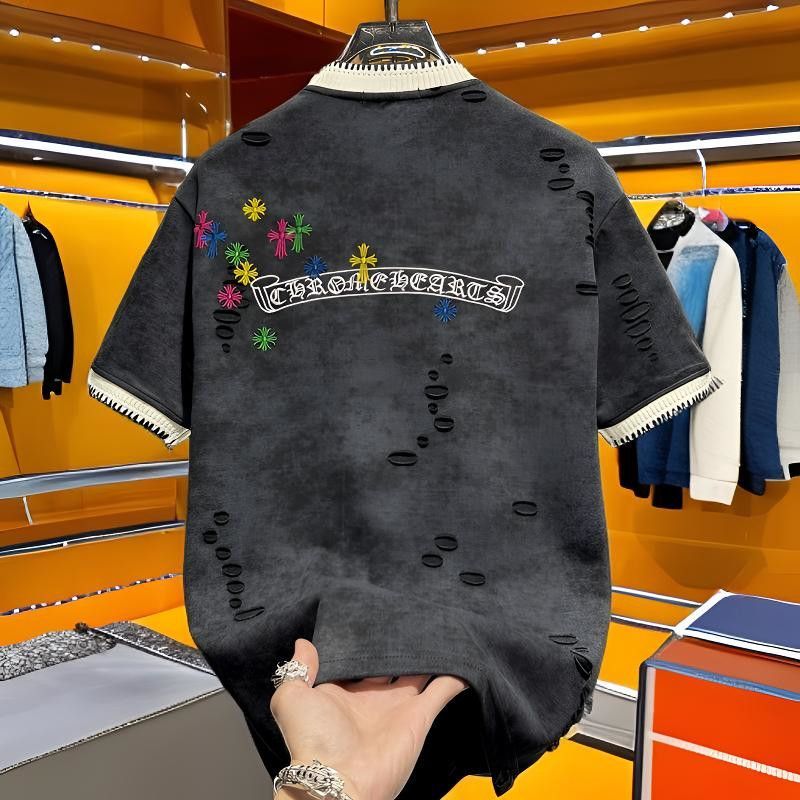 Chrome Hearts-Inspired Distressed T-Shirt with Embroidered Cross