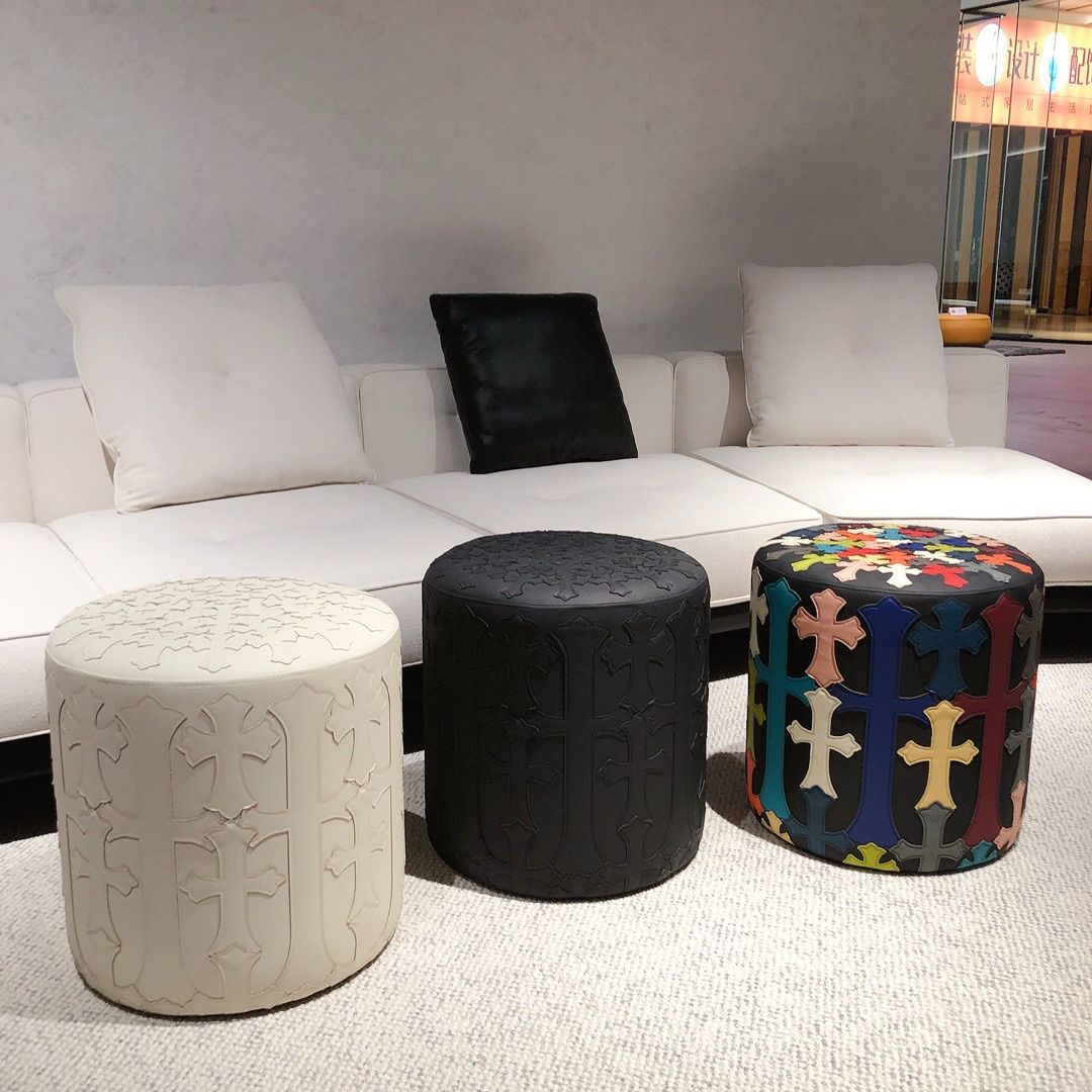 Chrome Hearts Pattern Colorful Round Stool Leather Seat