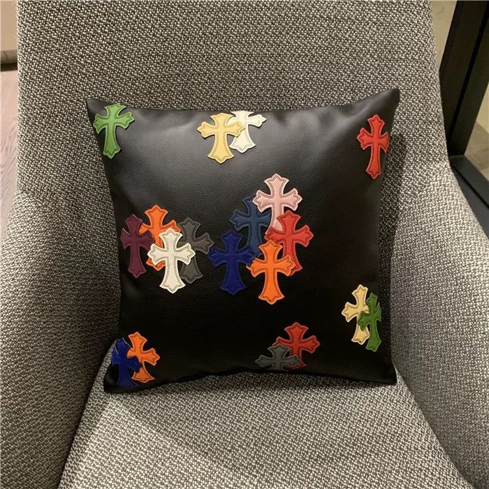 Chrome Hearts Stitched Faux Leather Throw Pillow Includes Insert