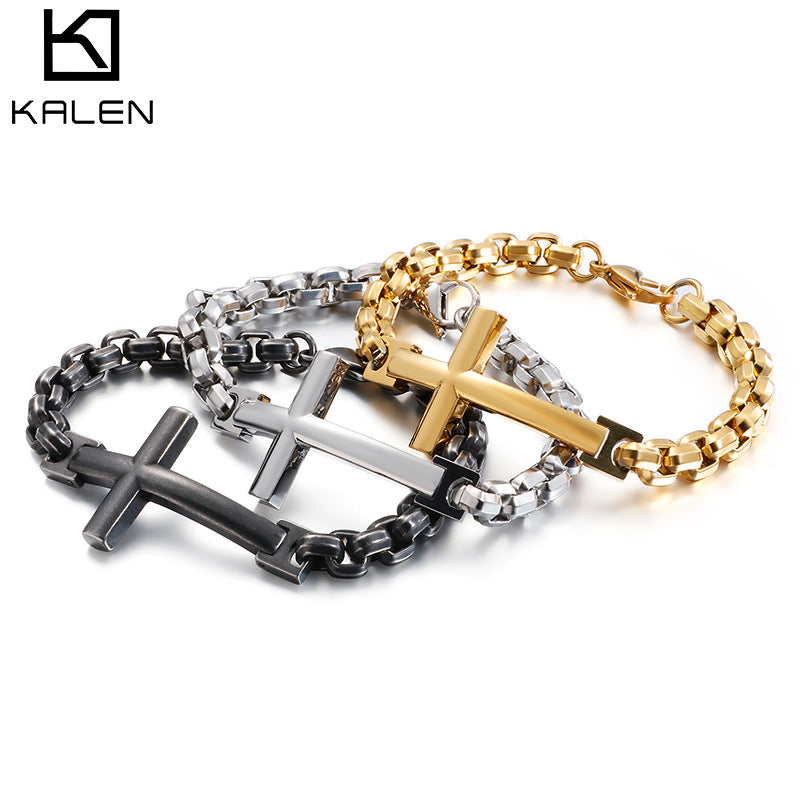 Personalized stainless steel men's cross square pearl bracelet