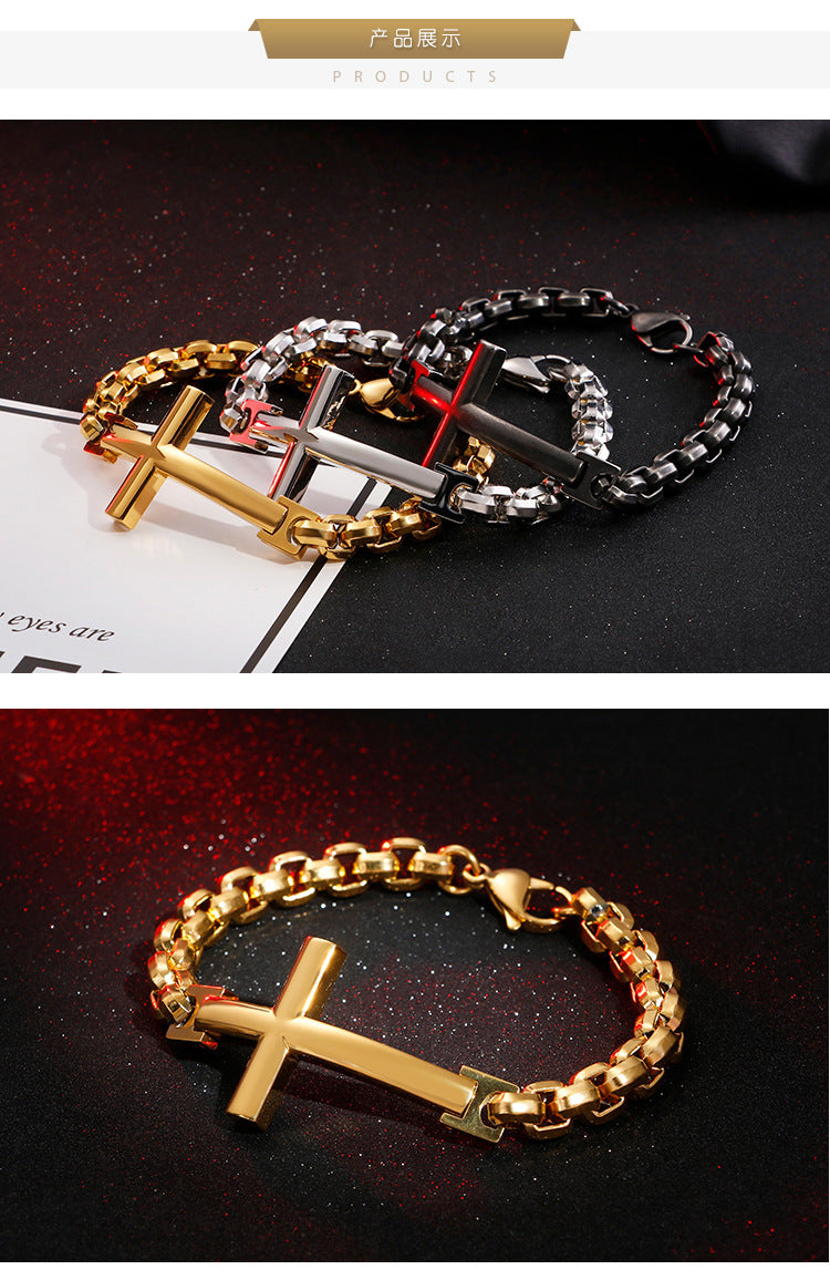 Personalized stainless steel men's cross square pearl bracelet