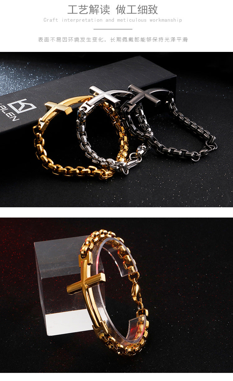 Personalized stainless steel men's cross square pearl bracelet