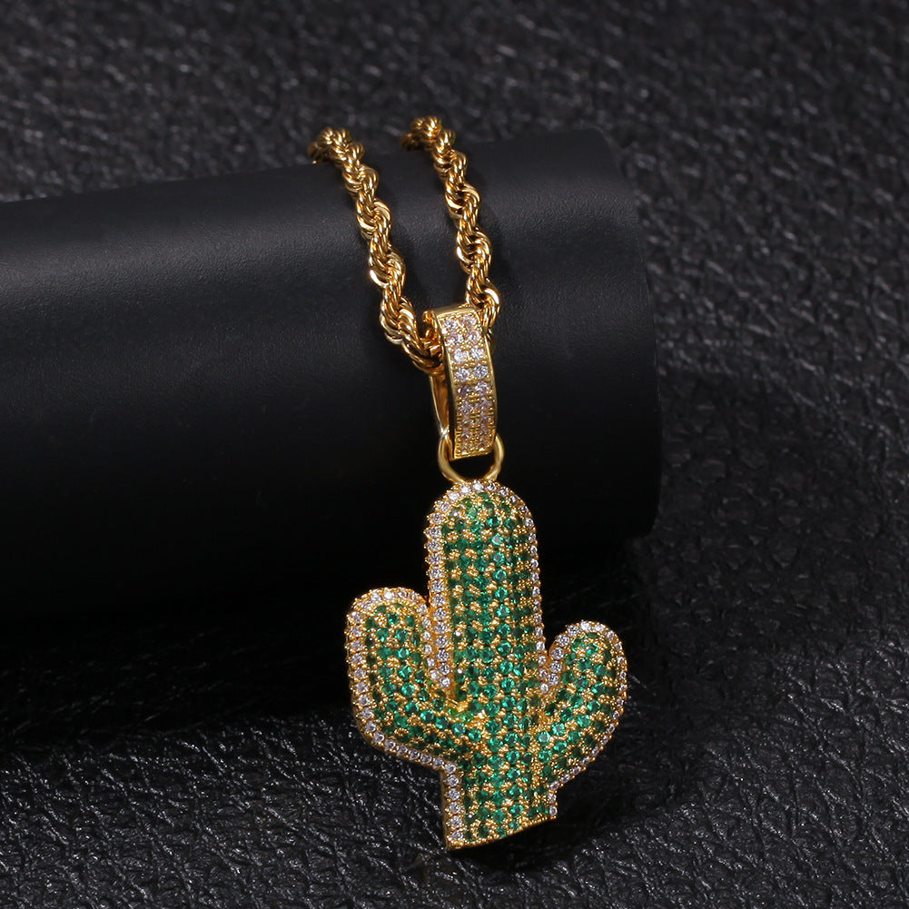Hip-hop solid cactus zircon-encrusted pendant