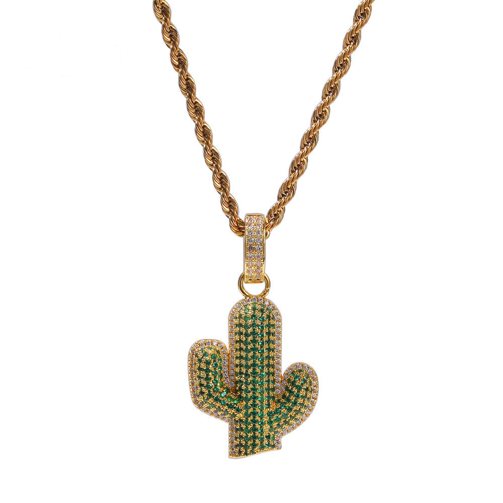Hip-hop solid cactus zircon-encrusted pendant