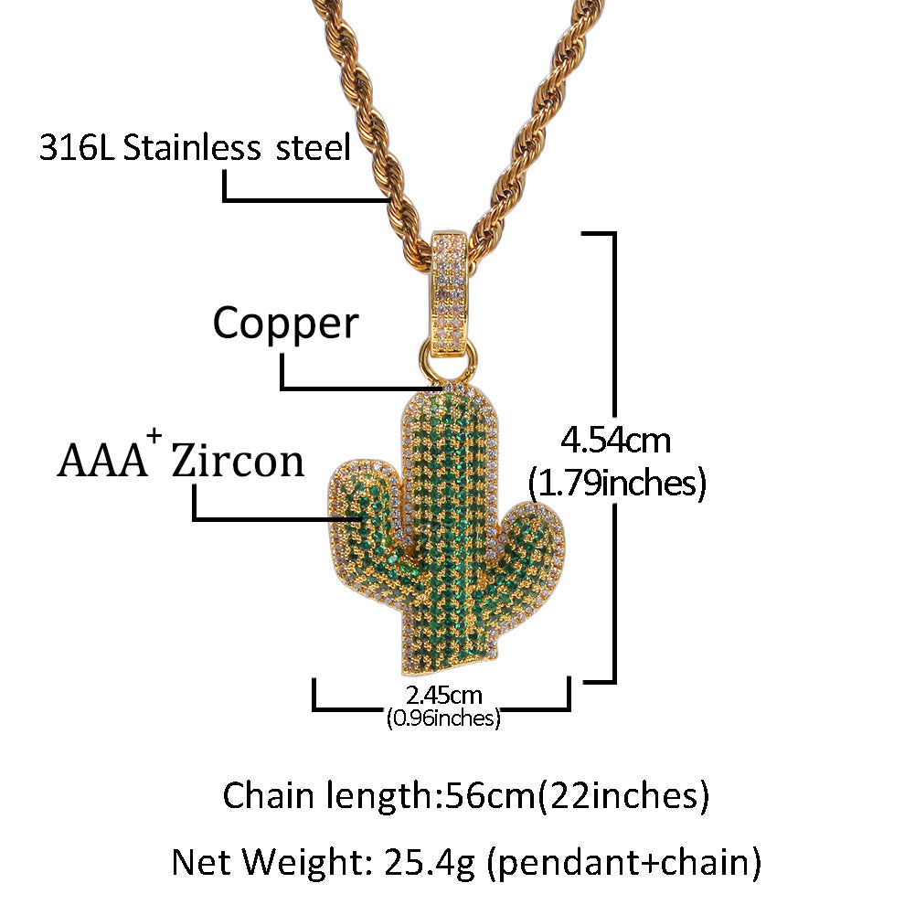 Hip-hop solid cactus zircon-encrusted pendant