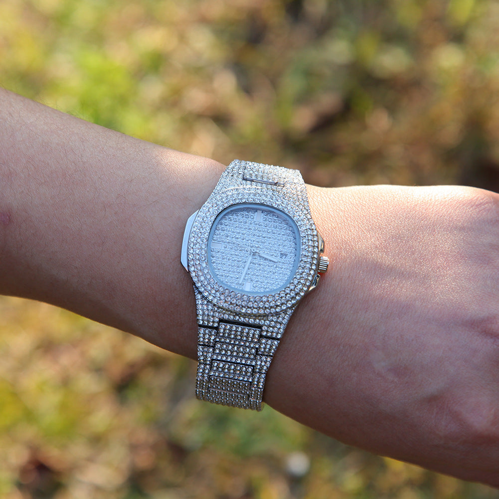 Fully diamond-encrusted hip-hop watch