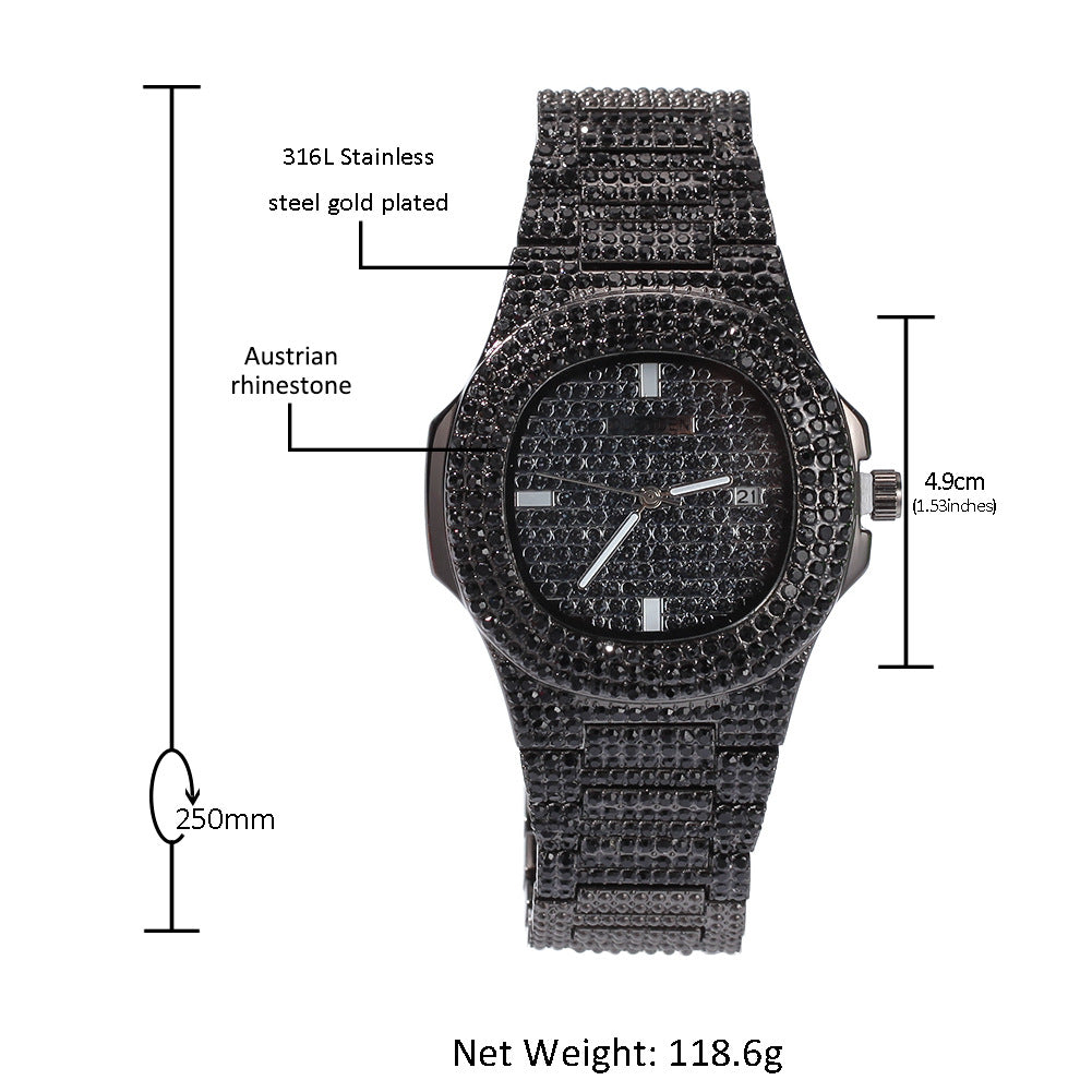 Fully diamond-encrusted hip-hop watch