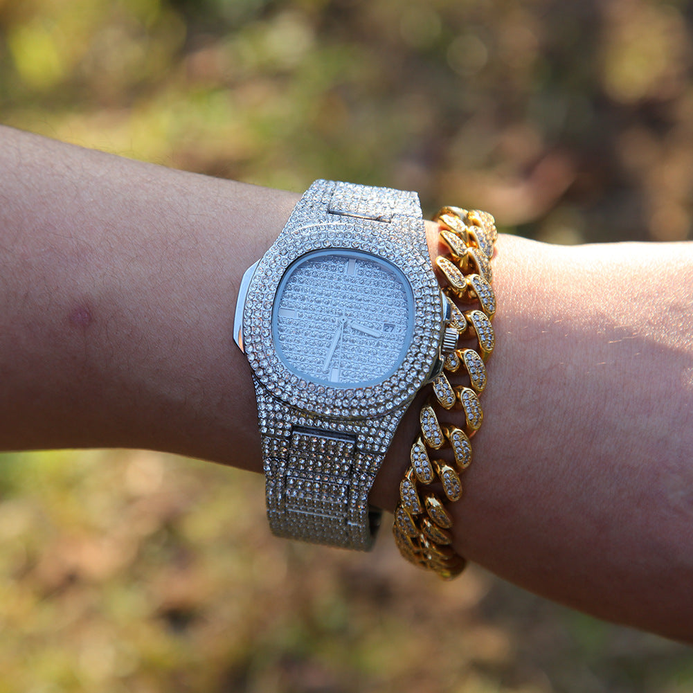 Fully diamond-encrusted hip-hop watch