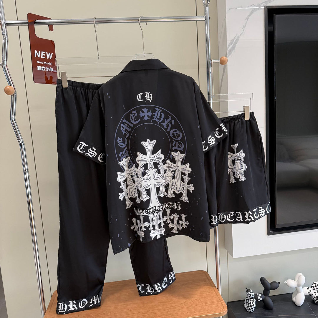 Chrome Hearts-Inspired "Ice Silk" Printed Pajama Set for Couples
