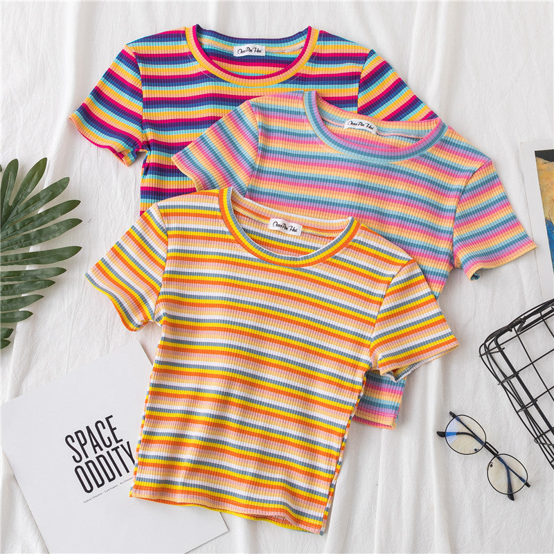 Women's short navel-baring rainbow striped tight T-shirt