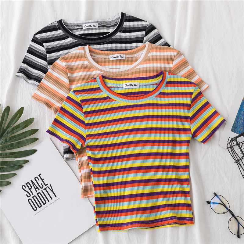 Women's short navel-baring rainbow striped tight T-shirt