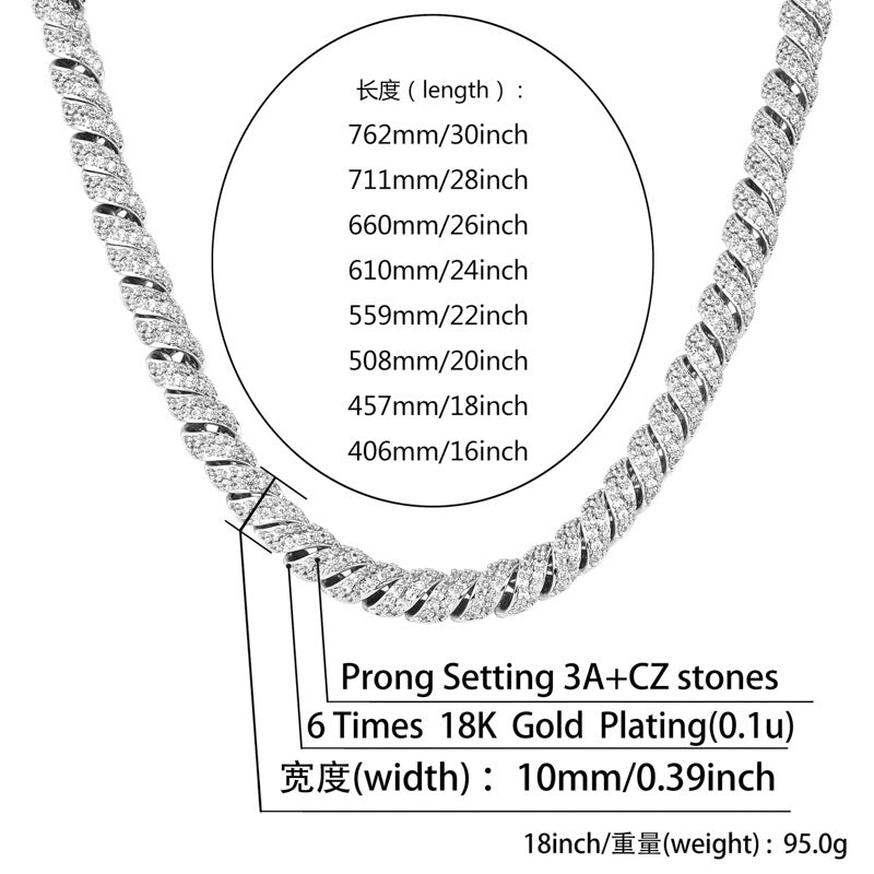 Hemp rope 10mm ice crystal zircon Cuban men's necklace