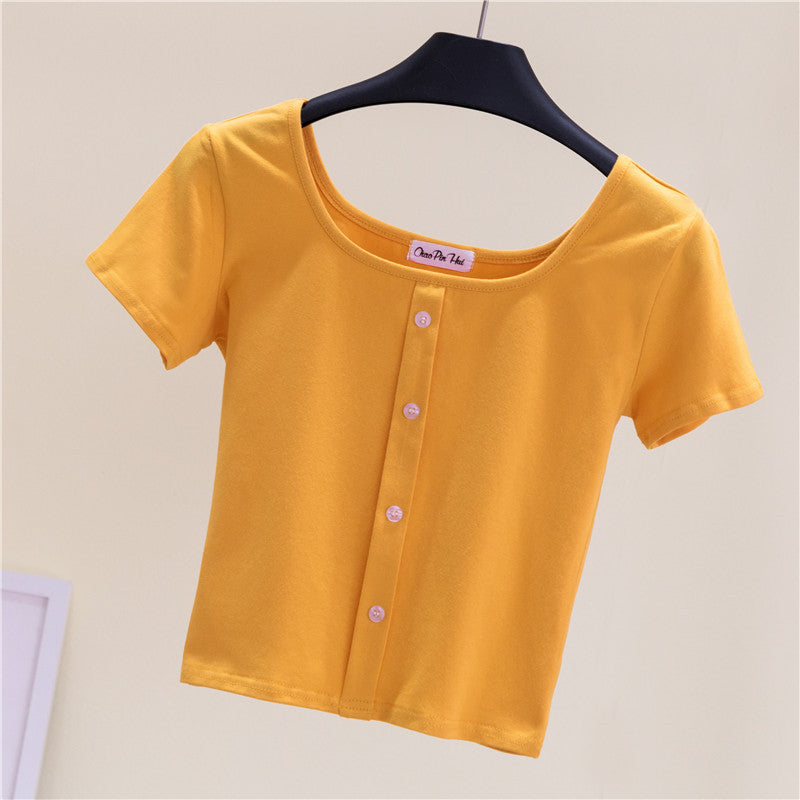 Collarbone Square Neck High Waist Navel T-Shirt Top