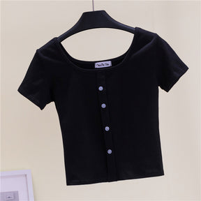 Collarbone Square Neck High Waist Navel T-Shirt Top