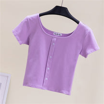 Collarbone Square Neck High Waist Navel T-Shirt Top