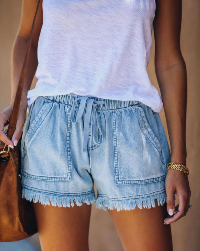 High-Waisted Denim Shorts with Elastic Waist and Fringed Hem