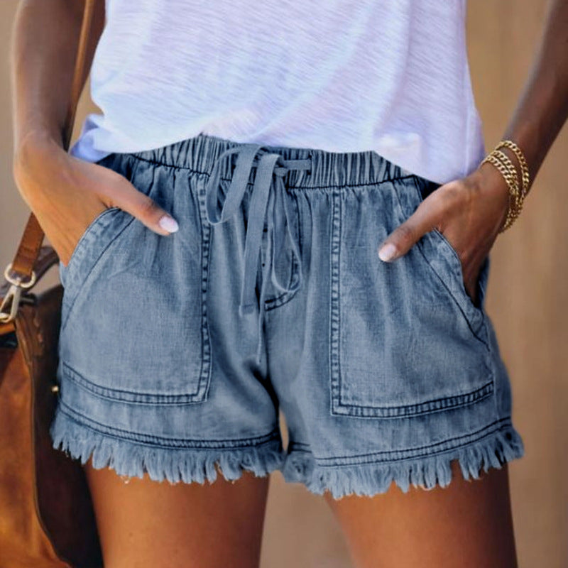 High-Waisted Denim Shorts with Elastic Waist and Fringed Hem