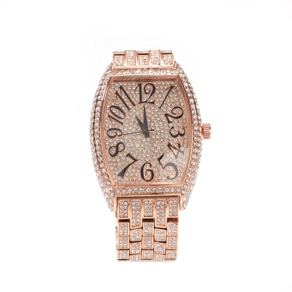 Full diamond tonneau-shaped large dial watch