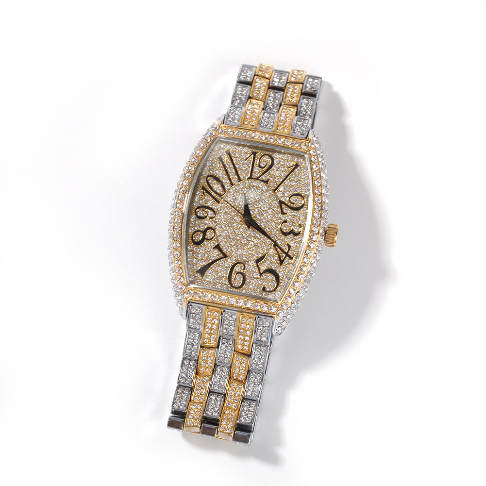 Full diamond tonneau-shaped large dial watch