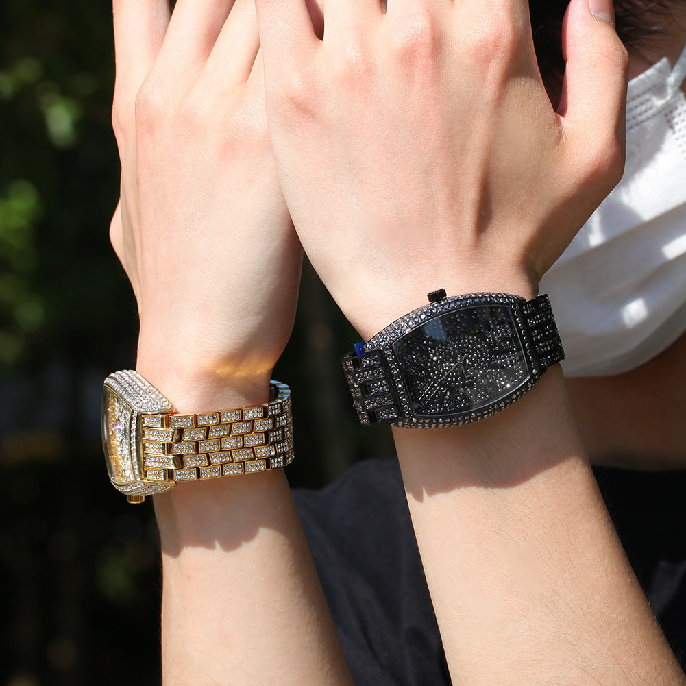 Full diamond tonneau-shaped large dial watch