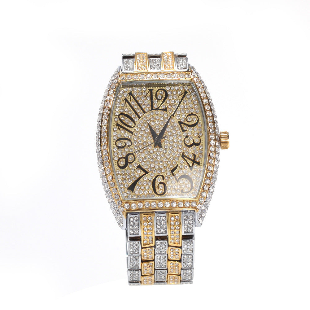 Full diamond tonneau-shaped large dial watch