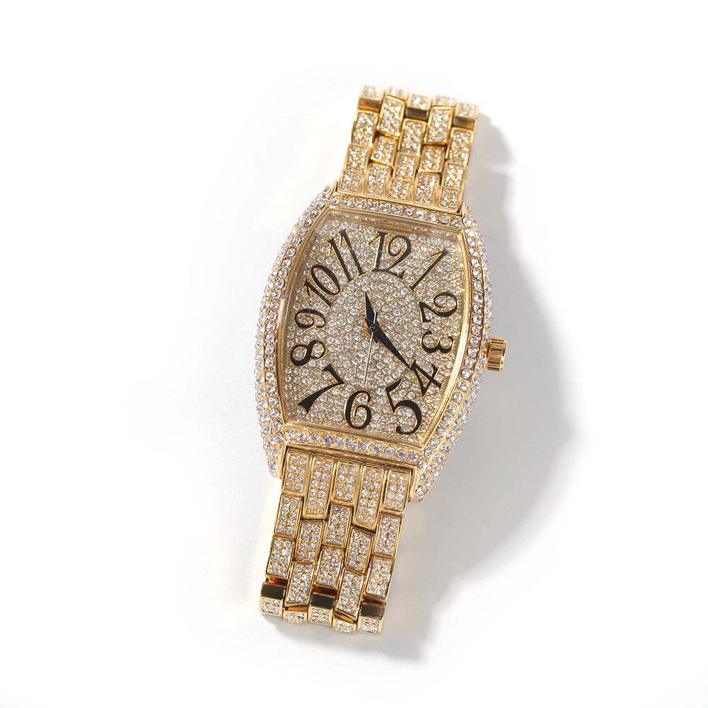 Full diamond tonneau-shaped large dial watch