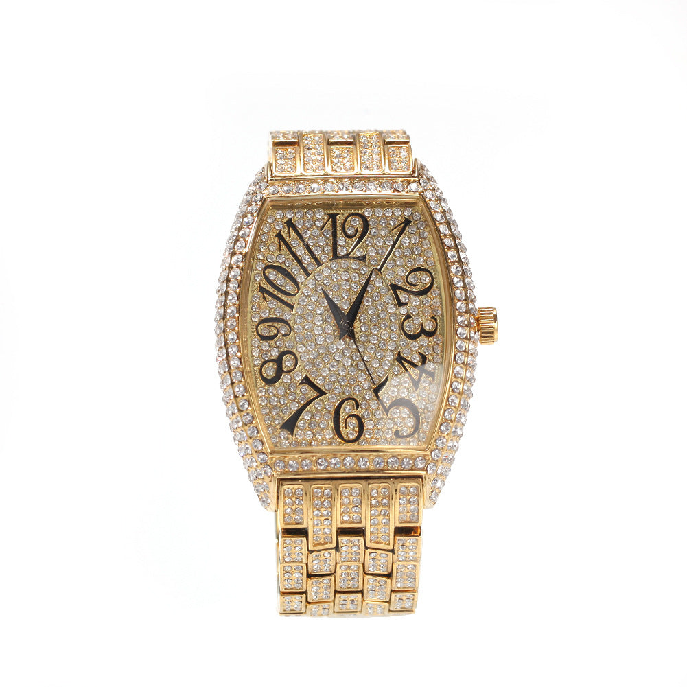 Full diamond tonneau-shaped large dial watch