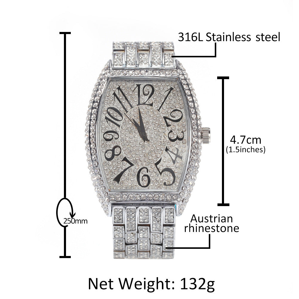 Full diamond tonneau-shaped large dial watch