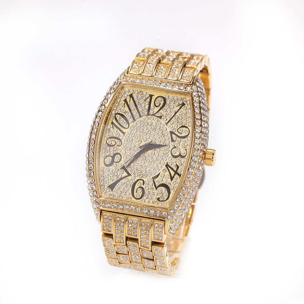 Full diamond tonneau-shaped large dial watch