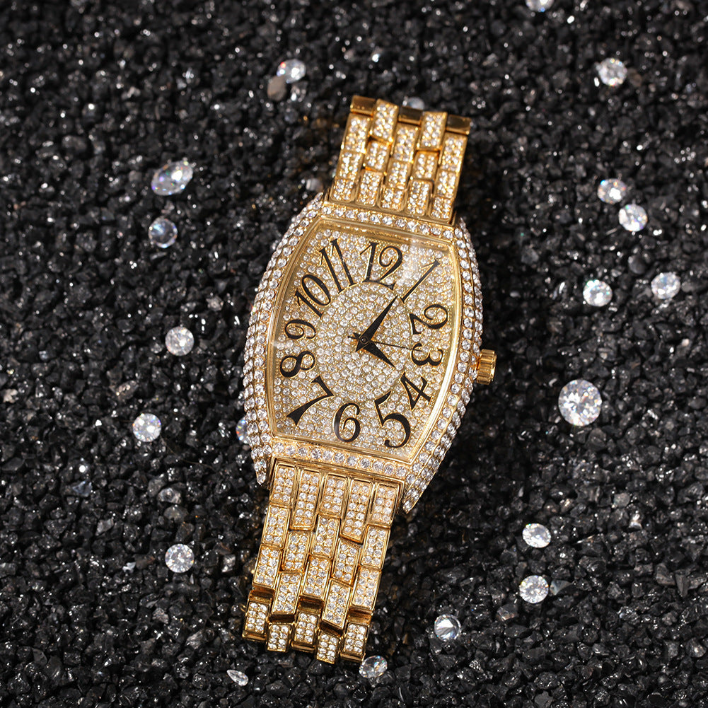 Full diamond tonneau-shaped large dial watch