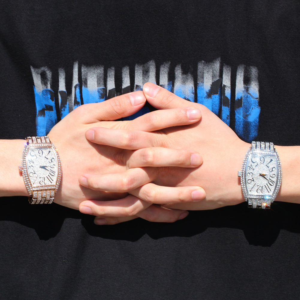 Full diamond tonneau-shaped large dial watch