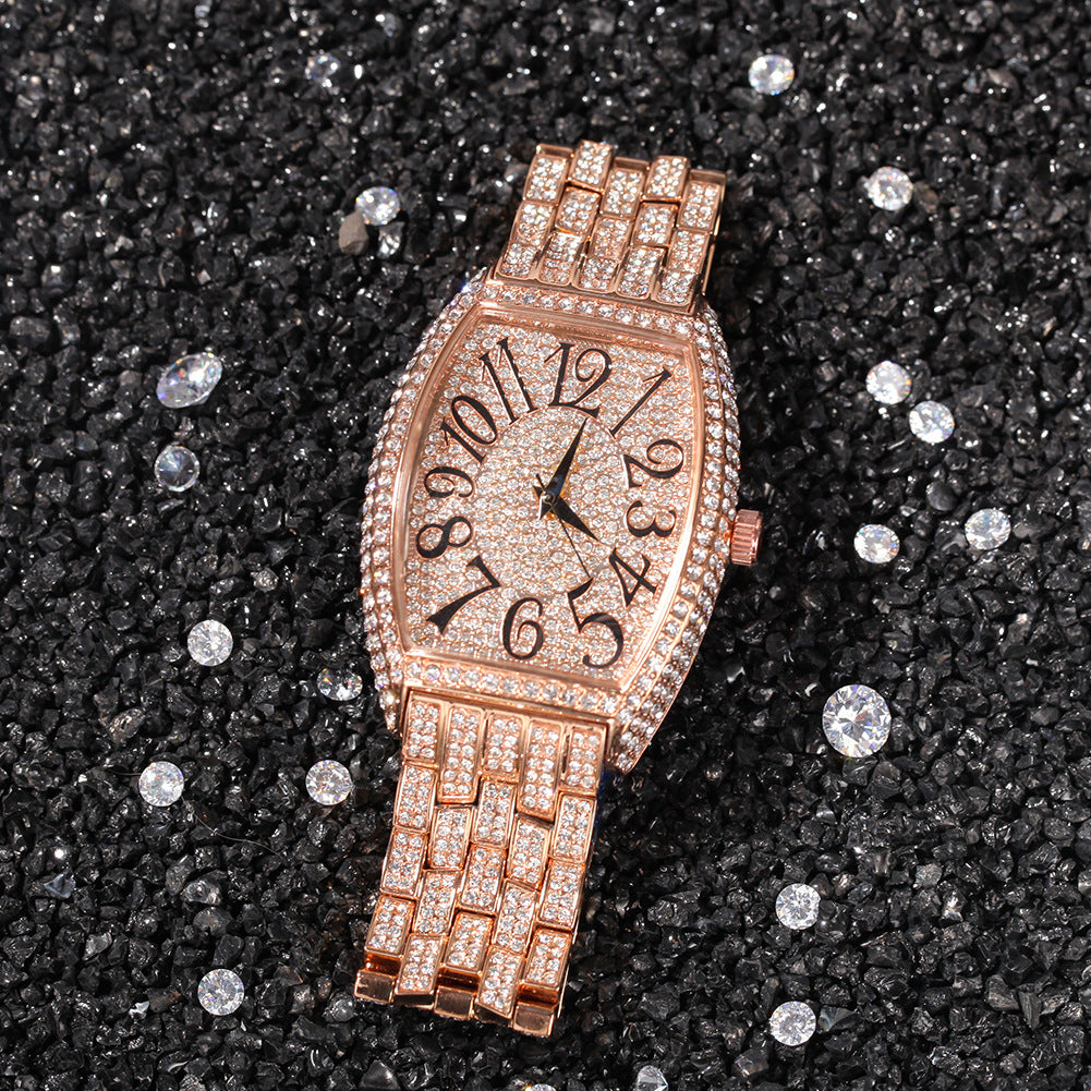 Full diamond tonneau-shaped large dial watch