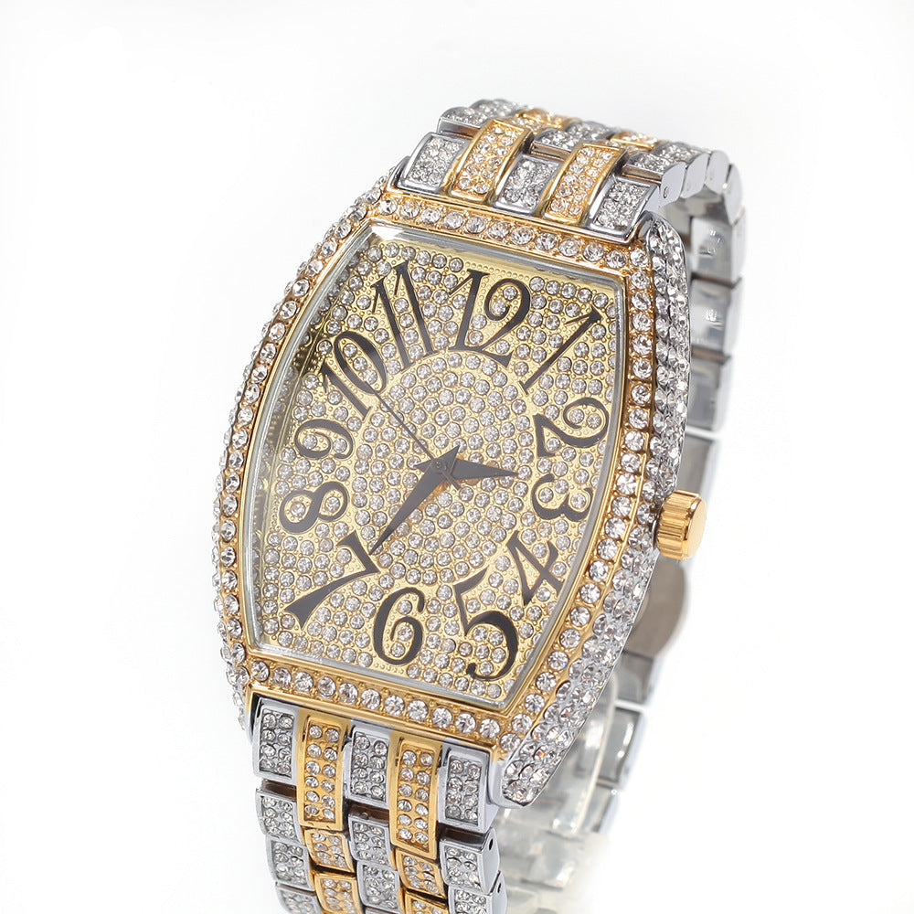 Full diamond tonneau-shaped large dial watch