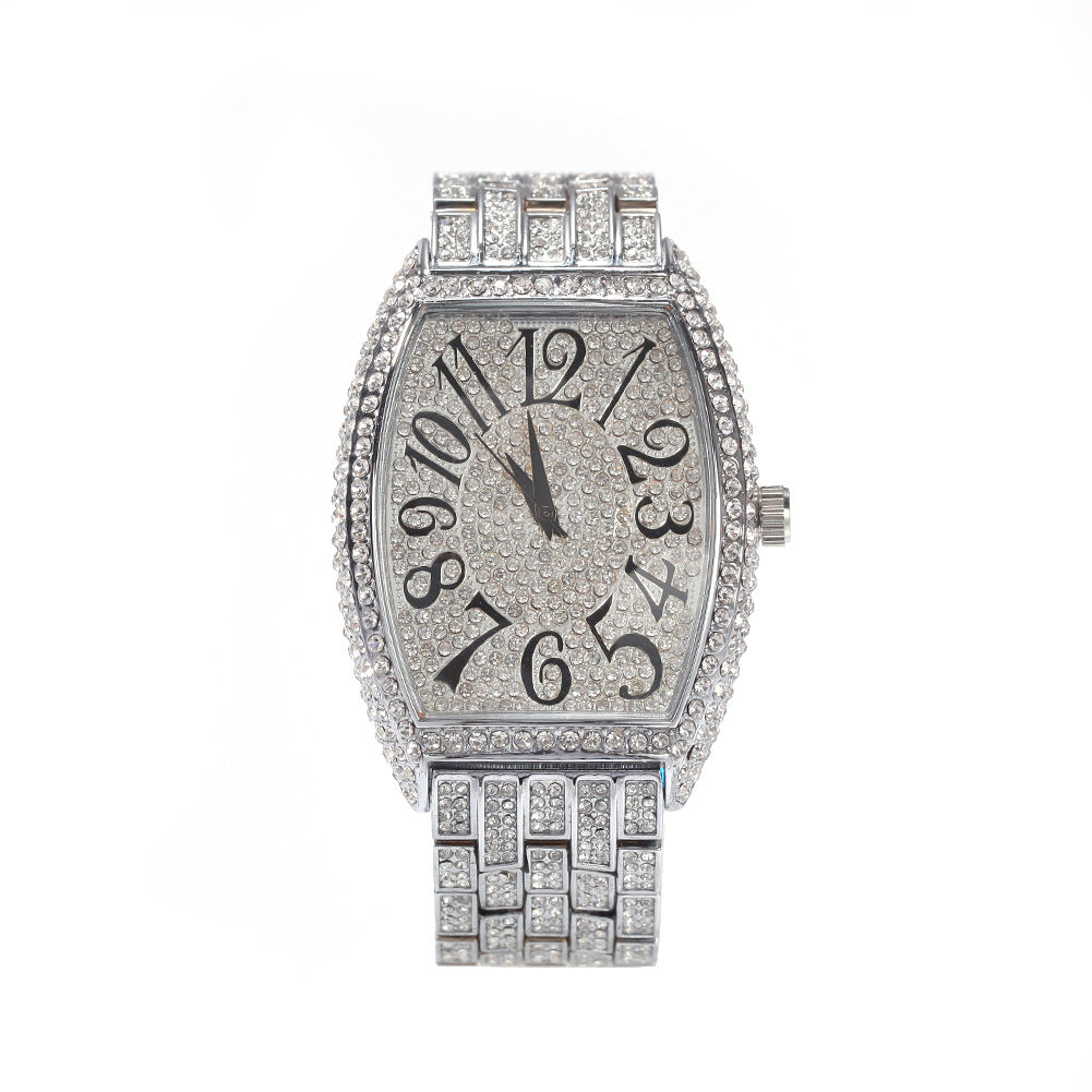 Full diamond tonneau-shaped large dial watch