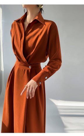 Turn-down Collar Women A-line Dress Long Sleeve Slim Waist Vestidos