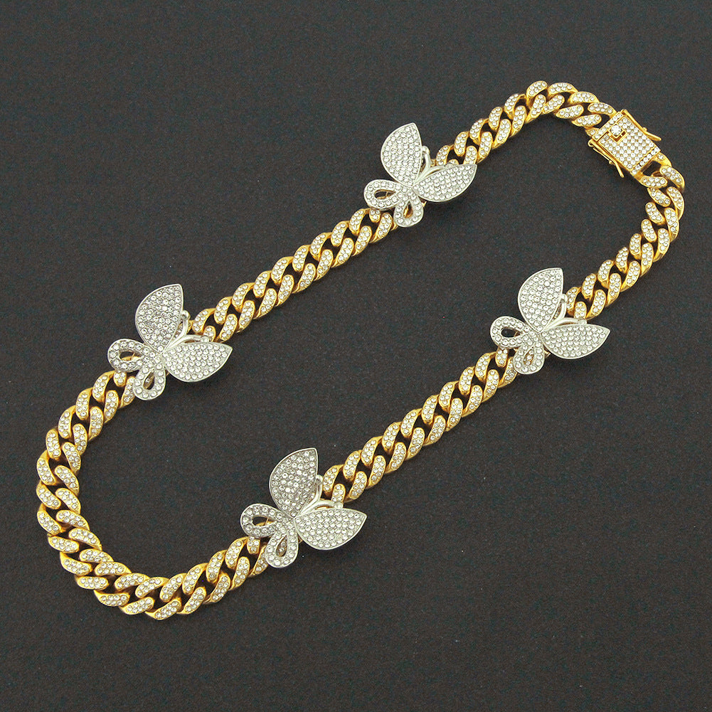 Hip-hop full-diamond butterfly Cuban chain necklace