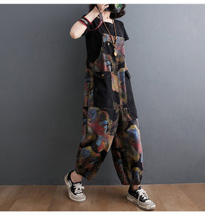 Loose Jeans Black Jumpsuit Casual Ladies Big Pockets Print Floral Denim Overalls Straps Rompers