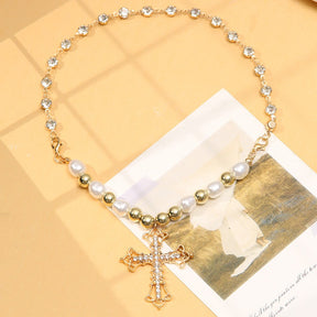 Bling Cross Pendant Necklaces for Women Girl Gift Wedding Neck Jewelry Goth Pearl Necklace