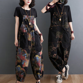 Loose Jeans Black Jumpsuit Casual Ladies Big Pockets Print Floral Denim Overalls Straps Rompers