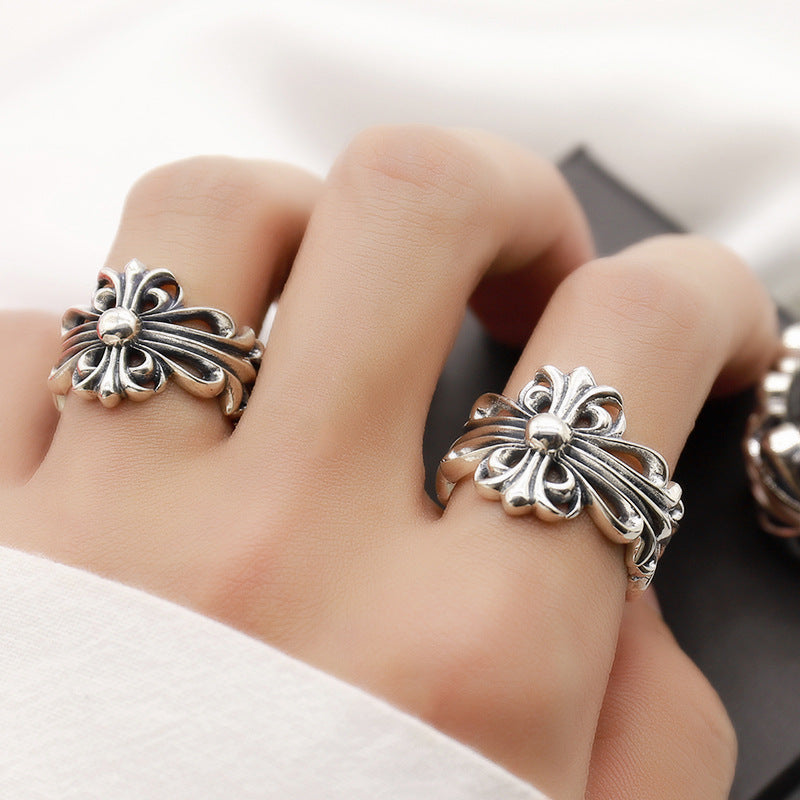 S925 sterling silver chrome hearts cross flower retro open ring