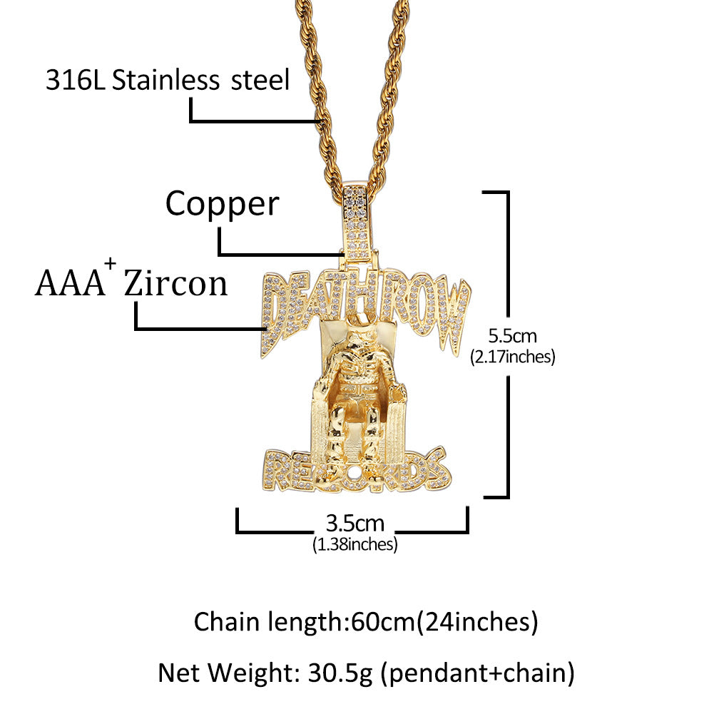 DEATHROW necklace inlaid with zircon and featuring hip-hop lettering