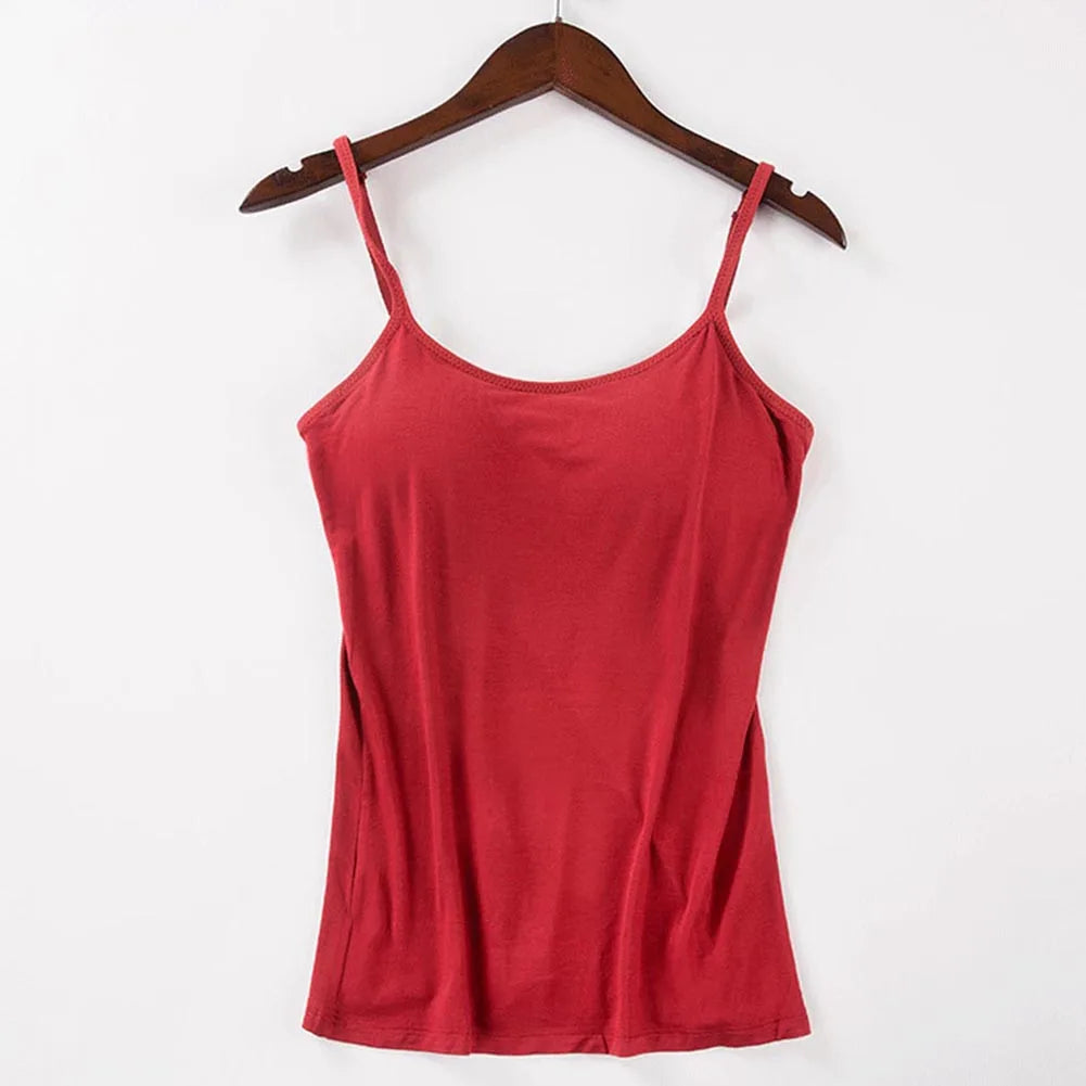 Solid Tank Tops Adjustable Strap Built In Cup Padded Wireless Camisole Camis Vest