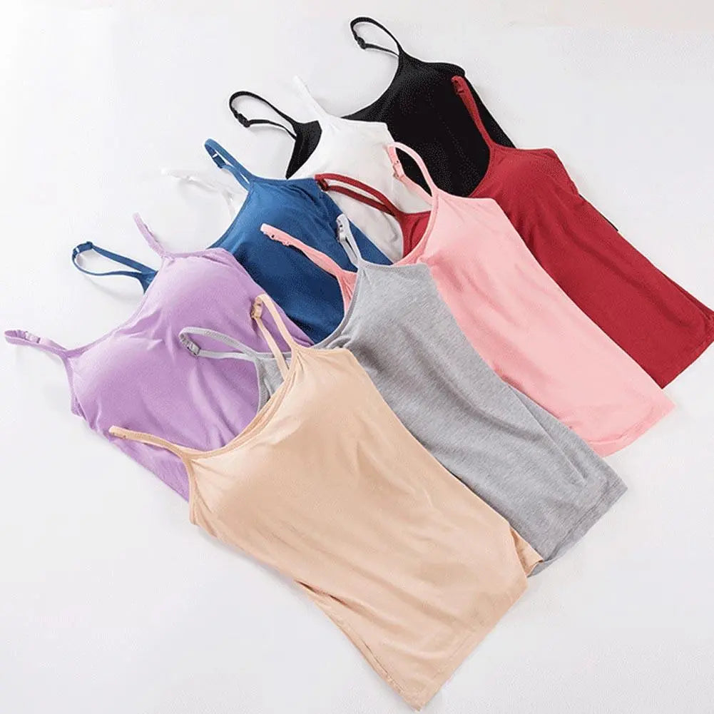 Solid Tank Tops Adjustable Strap Built In Cup Padded Wireless Camisole Camis Vest