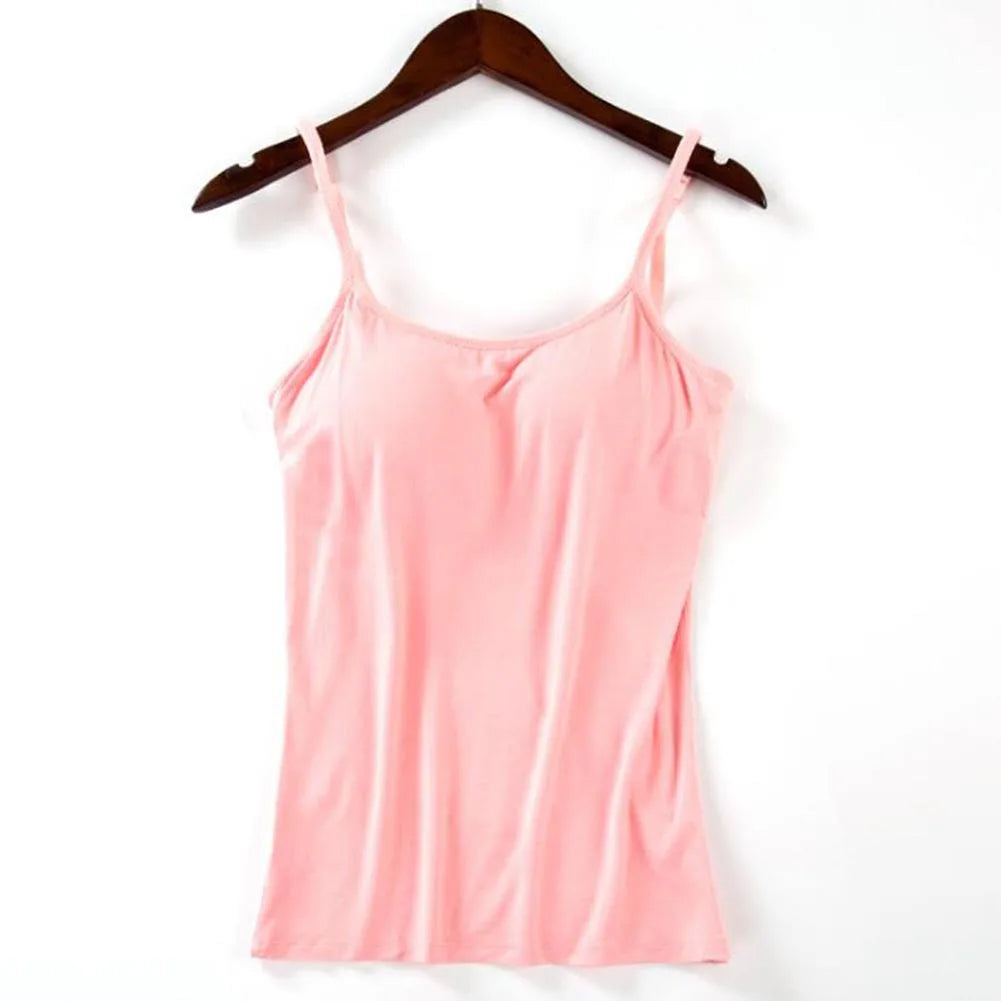 Solid Tank Tops Adjustable Strap Built In Cup Padded Wireless Camisole Camis Vest