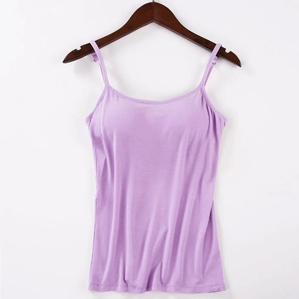 Solid Tank Tops Adjustable Strap Built In Cup Padded Wireless Camisole Camis Vest