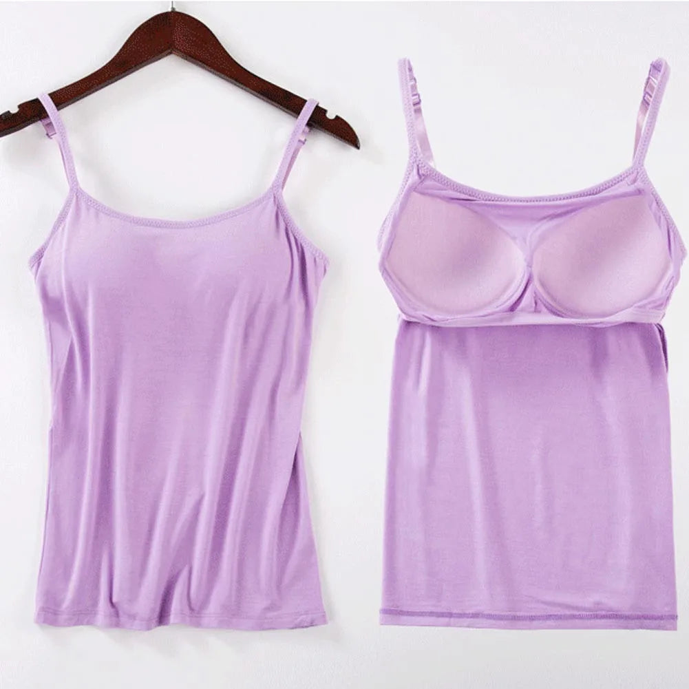 Solid Tank Tops Adjustable Strap Built In Cup Padded Wireless Camisole Camis Vest