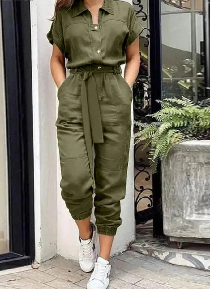 OL Work Jumpsuit Vintage Cargo Rompers Woman Lapel Neck Short