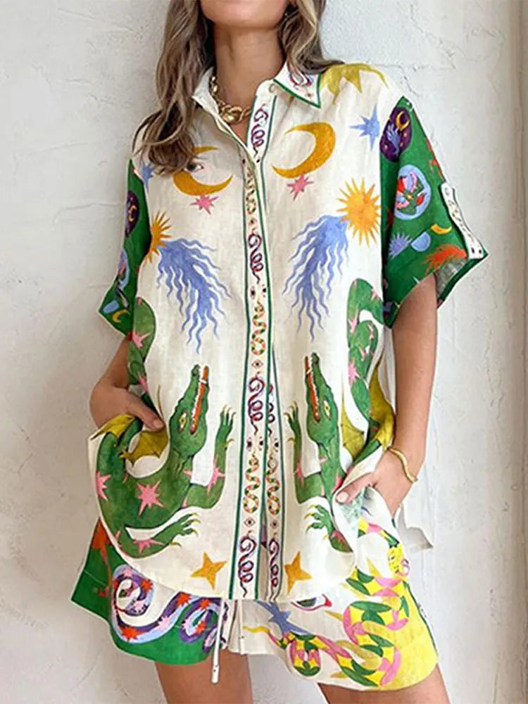 Beach Printed Lapel Shirt Pants Suits