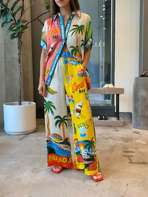 Beach Printed Lapel Shirt Pants Suits